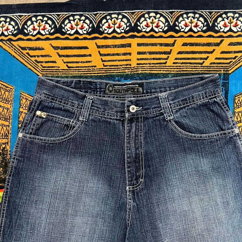 Southpole Men's Blue and Red Denim Shorts size 34 baggy y2k embroidered jorts - Picture 5 of 6